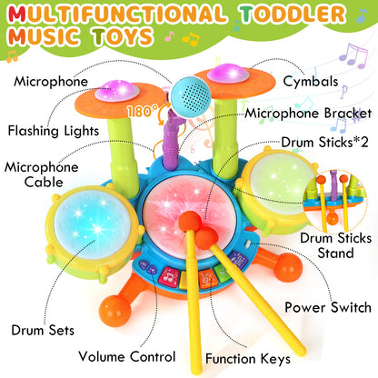 Kids Drum Set Toddler Toys for Boys Girls Kids Music Toys for Toddlers Drum Set for Kids with 2 Drumsticks and Microphone Baby Drums Toys for 1 2 3 Year Old (Pink)