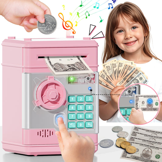 Piggy Banks for Kids, Money Bank with Fingerprint Recognition, Electronic Password Cash Coin Can ATM Bank with Auto Grab Bill Slot, Money Coin Saving Box for Kids, Perfect Gifts for Boys Girls, Pink