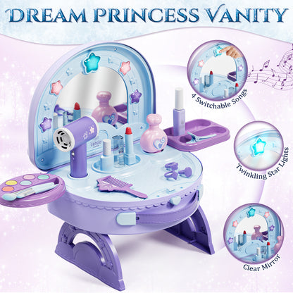 Kids Vanity Sets for Girls, Toddler Portable Vanity Set Makeup Table for Kids, Girls Vanity with Mirror & Lights & Music & Pretend Cosmetics & Hair Dryer, Toddler Toys for 2-5 Year Old Girls