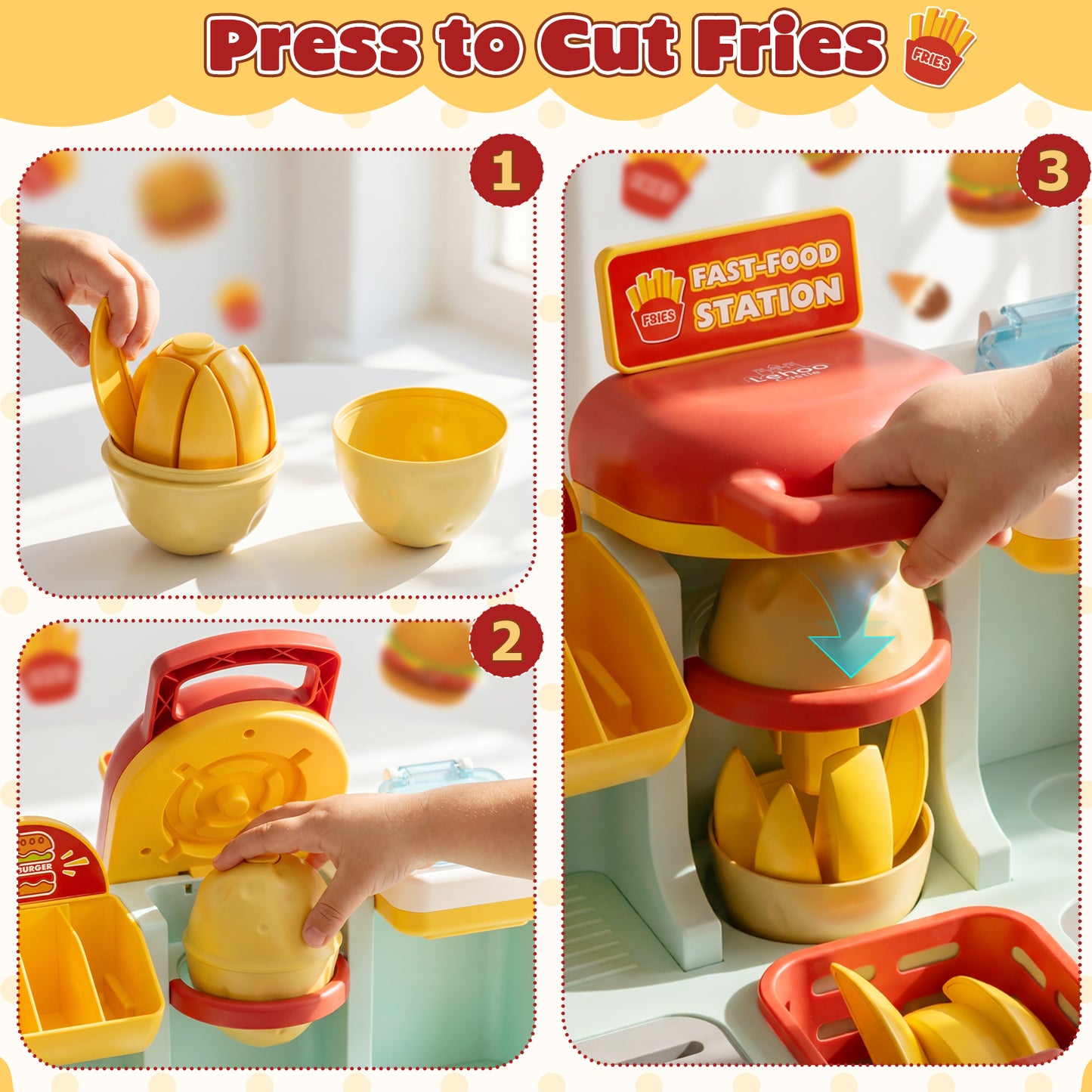 Restaurant Play Food Set Toy, Pretend Play, Fast Food Hamburger Store Play Set with Potato Cutter, Drink Station, Menu, Cash, Preschool Interactive Role Play Toy Gift for Boys Girls 2-5 Years Old