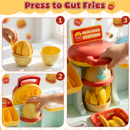 Restaurant Play Food Set Toy, Pretend Play, Fast Food Hamburger Store Play Set with Potato Cutter, Drink Station, Menu, Cash, Preschool Interactive Role Play Toy Gift for Boys Girls 2-5 Years Old
