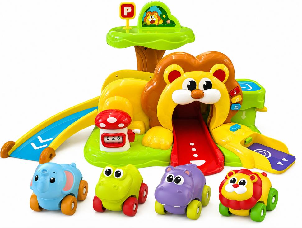 Toy Car for Kids, Toddler Toy Car, Multifunctional Animal Play Vehicle Set with Sounds , Slide & Launch Shoot, 4 Push and Go Toy Cars, Toys for 2-3 Year Old Boys Girls, Best Birthday Gifts