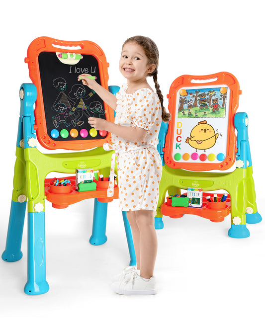 Easel for Kids, 4 in 1 Rotatable Double Sided Adjustable Standing Kids Art Easel Drawing Board White Board Chalkboard with Painting Accessories - Green
