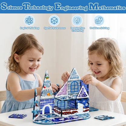 Magnetic Tiles, Snow & Ice Theme 25 PCS Magnetic Blocks, Montessori Learning Toys for 3 to 4 Year, Magnetic Construction Toys for Toddlers 3-6 Years Old, Educational Toys for Boys Girls