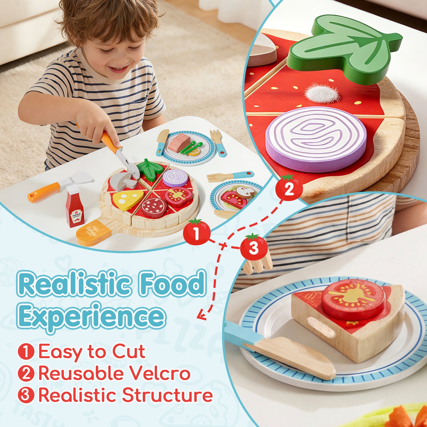 Play Food, Wooden Play Food Set for Kids, Play Kitchen, Kids Cutting Pretend Play Pizza Fake Food Toys for 3 4 5 6 7 Years, Girls Boys Toddlers Educational Toys