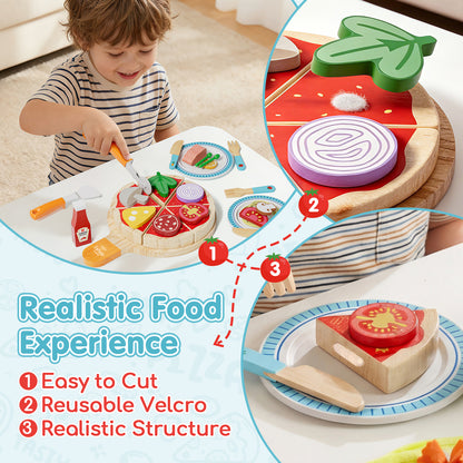 Play Food, Wooden Play Food Set for Kids, Play Kitchen, Kids Cutting Pretend Play Pizza Fake Food Toys for 3 4 5 6 7 Years, Girls Boys Toddlers Educational Toys