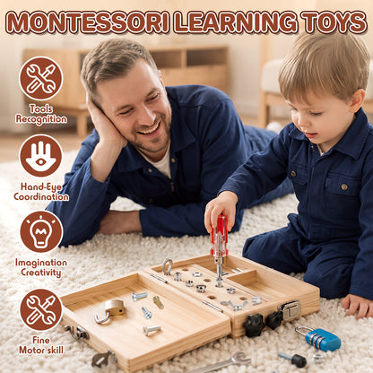 Wooden Montessori Toys for 3 Year Old, Busy Board Toys for 4 5 Year Old, Kid Tool Set for Toddlers, Educational Learning Toys, Screwdriver Board Set with Kinds of Locks & Tools, Gifts for Boys Girls