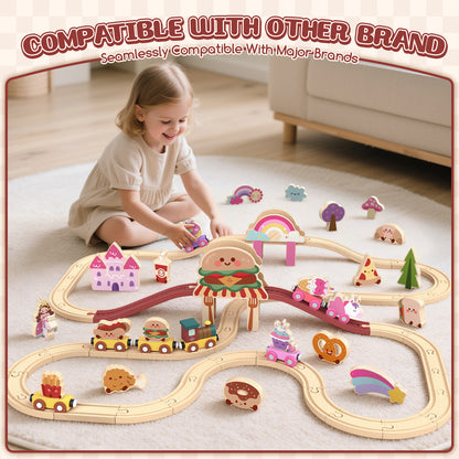 Train Set, Wooden Train Set for Kids, Train Toys for Toddlers, Wooden Train Tracks for Kids 2 3 4 5+ Years Old, Hamburger Pizza Theme, Great Gift for Boys Girls - Compatible with Other Brands