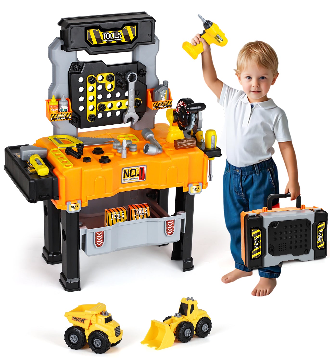 Kids Tool Bench Play Set, Educational Boy Toys, Kids Tool Set, Foldable Kids Workbench with Realistic Tools & Electric Drill & Take Apart Toy Cars, Construction Toys for Boys Age 2 3 Birthday Gifts