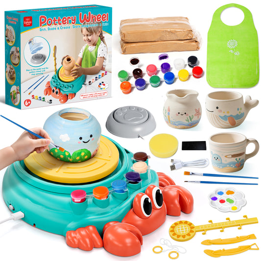 Pottery Wheel for Kids, Complete Kids Pottery Wheel Kit Arts and Crafts for Kids Ages 8-12, with 2 Packs Clay, Painting and Sculpting Tools, Ideal Birthday Christmas Gifts Toys for 6 7 8 9 10 11 12+