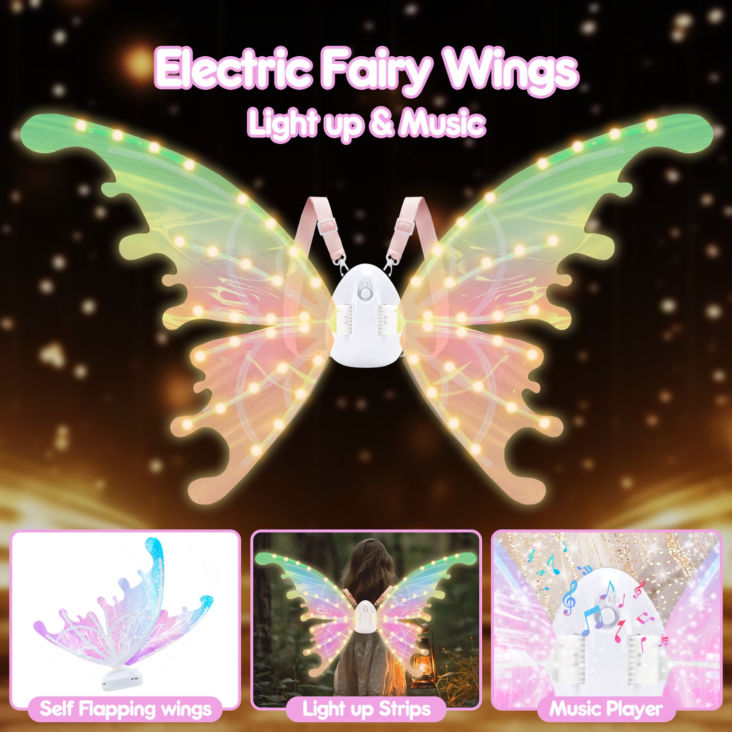 Fairy Wings for Girls, Electric Butterfly Party Wings Moving with Light & Music, Dress Up for Girls 3 4 5 6 Year Old, Perfect Birthday Christmas Gifts for Kids - DIY Assembly