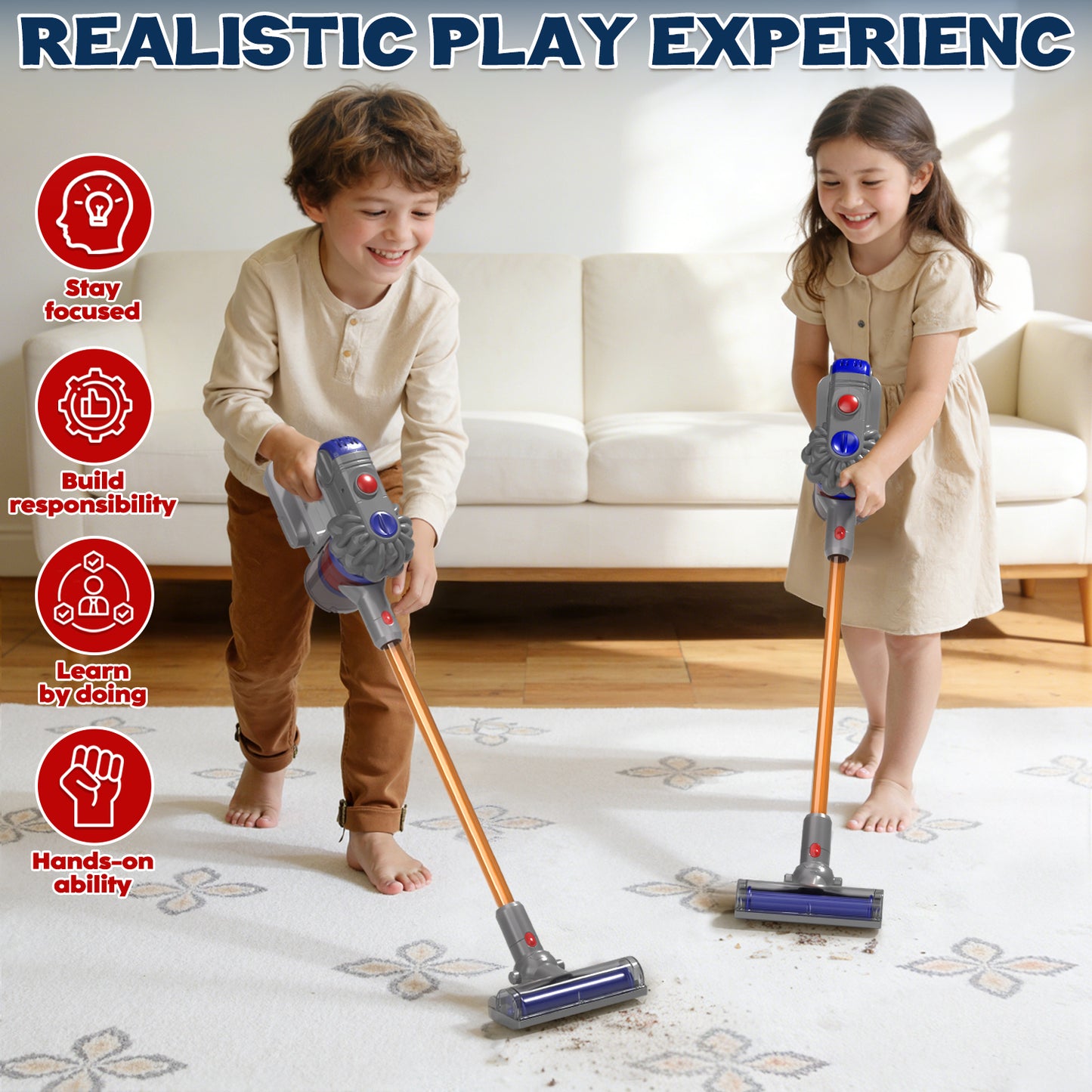 Toy Vacuum Cleaner for Kids, Pretend Play, Kids Vacuum Cleaner with 3 Converter Heads, Toddler Vacuum with Real Suction Power, Housekeeping Set Preschool Toy for Toddlers Boys Girls Age 2 3 4+