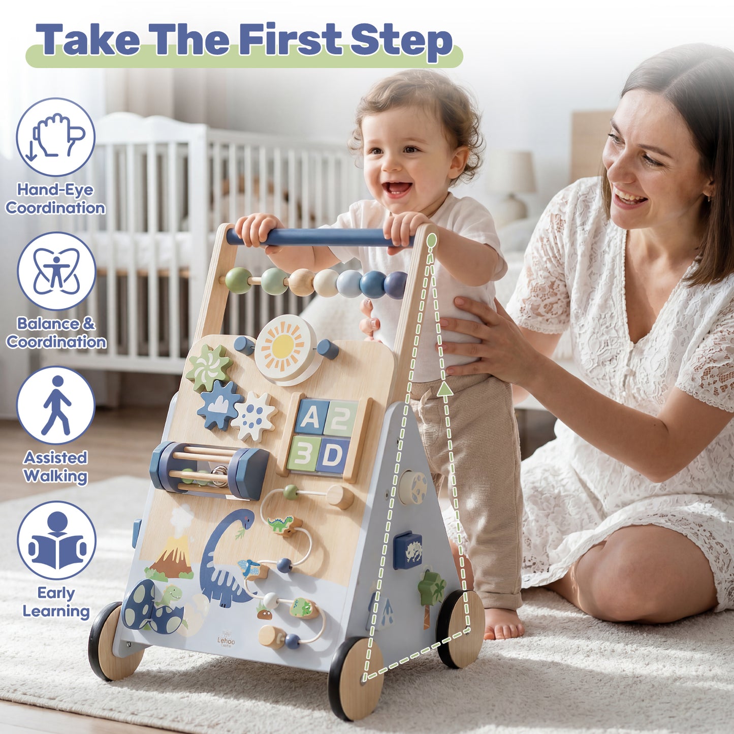 Toddler Push Walker, Wooden Push Walking Toys for 1-3 Year Old, Adjustable Speed Walker for Boy Girls, Dinosaur Toddler Walker, Montessori Walker Toy, Sit to Stand Walker with Activity Center