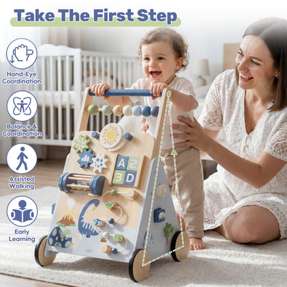 Toddler Push Walker, Wooden Push Walking Toys for 1-3 Year Old, Adjustable Speed Walker for Boy Girls, Dinosaur Toddler Walker, Montessori Walker Toy, Sit to Stand Walker with Activity Center