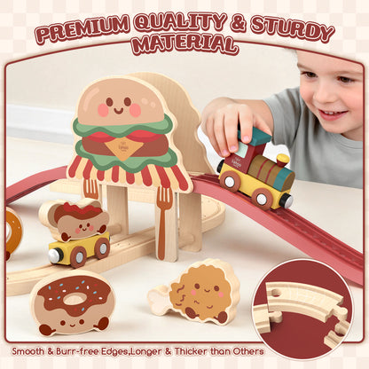 Train Set, Wooden Train Set for Kids, Train Toys for Toddlers, Wooden Train Tracks for Kids 2 3 4 5+ Years Old, Hamburger Pizza Theme, Great Gift for Boys Girls - Compatible with Other Brands