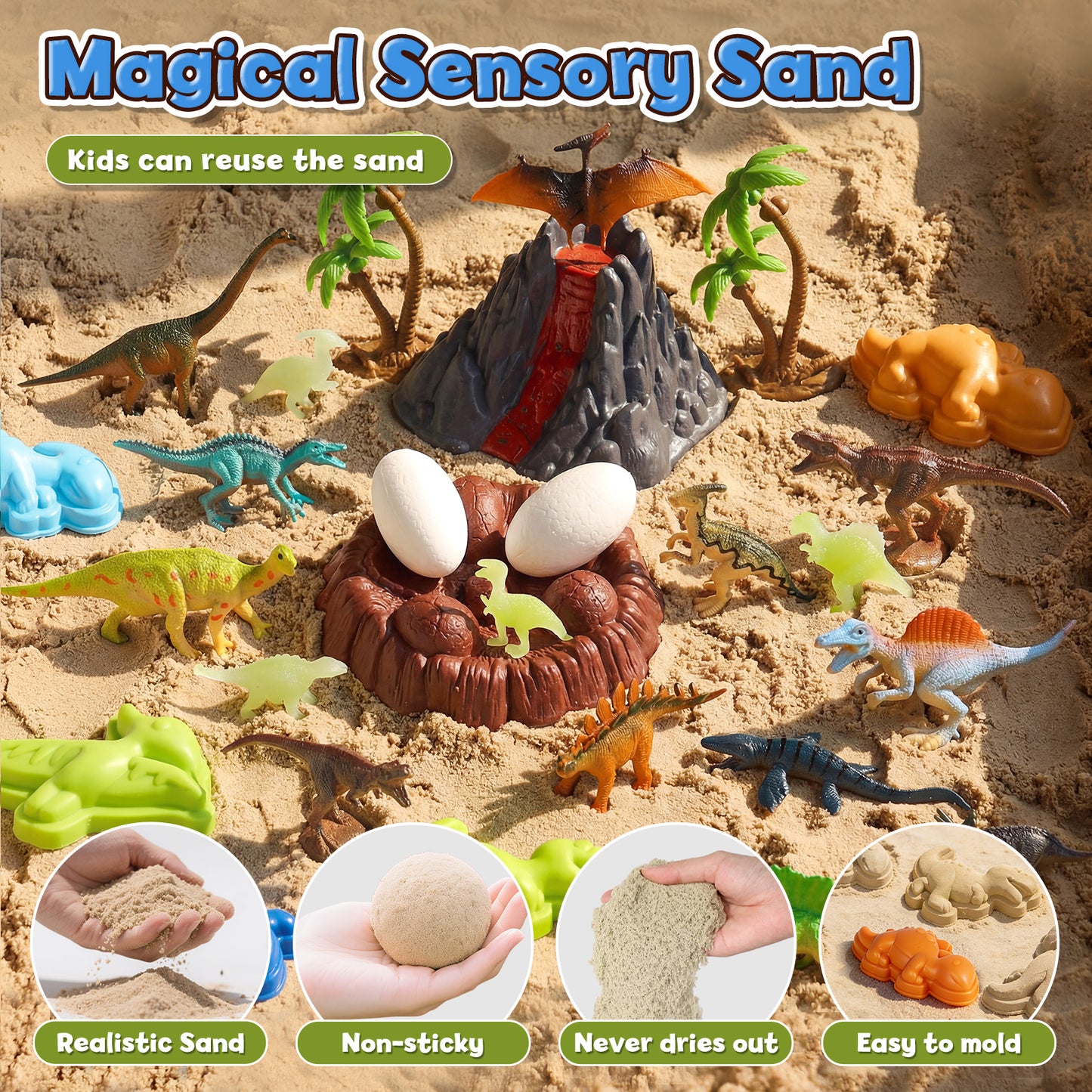 Sand Table for Kids, Sensory Table with Sand, Sensory Bin with Lid & 2.6lbs Play Sand, Dinosaur Toys & Sand Toys, Sensory Toys Gifts for Toddler Boys Girls