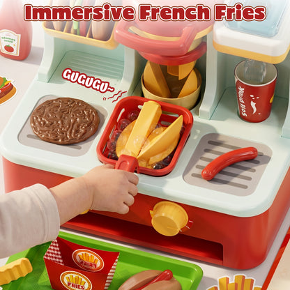 Restaurant Play Food Set Toy, Pretend Play, Fast Food Hamburger Store Play Set with Potato Cutter, Drink Station, Menu, Cash, Preschool Interactive Role Play Toy Gift for Boys Girls 2-5 Years Old