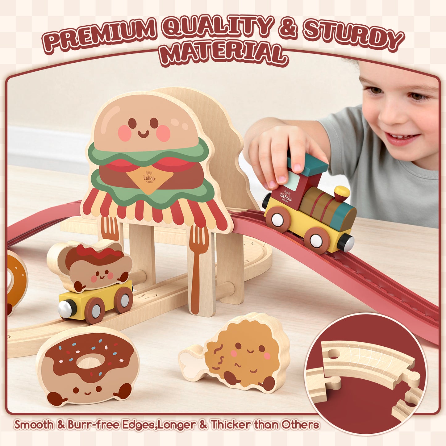 Train Set, Wooden Train Set for Kids, Train Toys for Toddlers, Wooden Train Tracks for Kids 2 3 4 5+ Years Old, Hamburger Pizza Theme, Great Gift for Boys Girls - Compatible with Other Brands