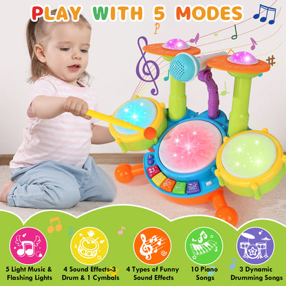 Kids Drum Set Toddler Toys for Boys Girls Kids Music Toys for Toddlers Drum Set for Kids with 2 Drumsticks and Microphone Baby Drums Toys for 1 2 3 Year Old (Pink)