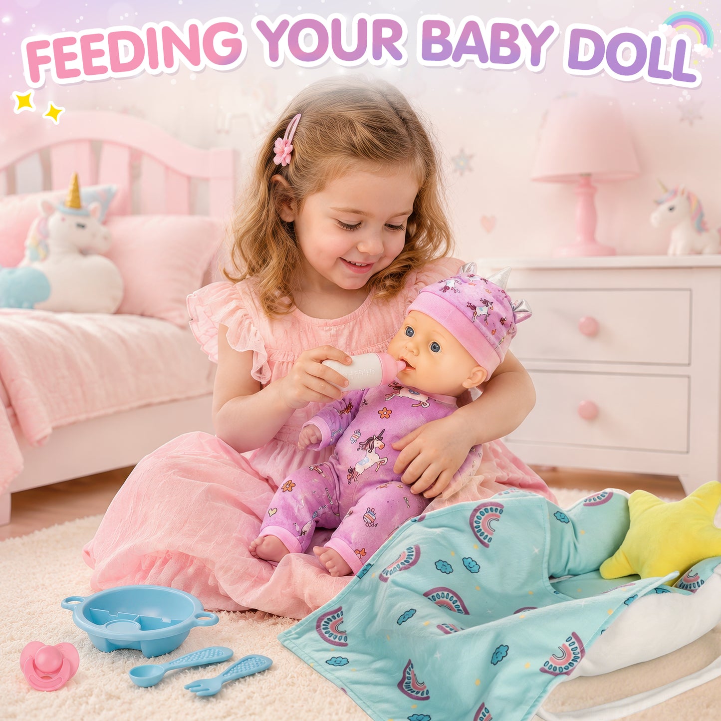 12" Baby Doll Set with Carrier Bassinet Bed, Unicorn Theme Realistic Baby Doll Toys with Pillow, Clothes & Feeding Kit, Pretend Play Set Interactive Role Play Toy Gift for Boys Girls 3+ Years Old
