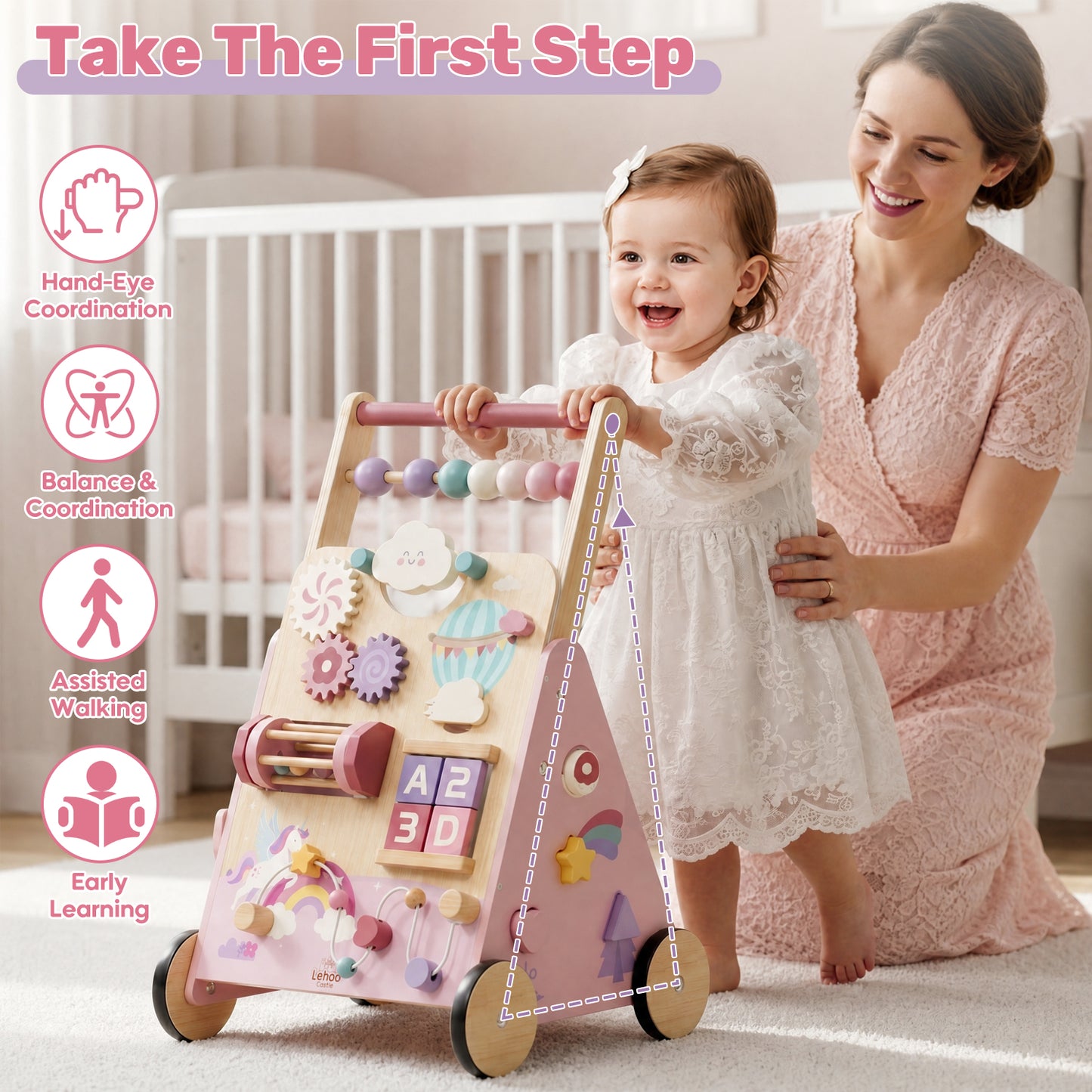 Baby Push Walker, Wooden Baby Walking Toys for 1 Year Old, Adjustable Speed Walker for Baby Boy Girls, Unicorn Toddler Walker, Montessori Walker Toy, Sit to Stand Walker with Baby Activity Center