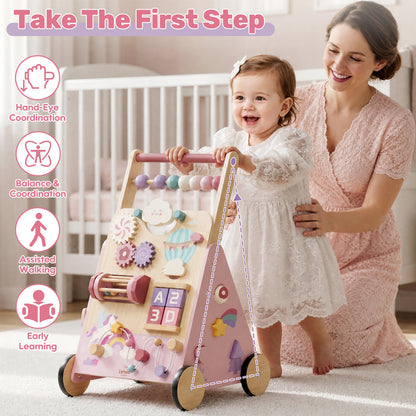 Baby Push Walker, Wooden Baby Walking Toys for 1 Year Old, Adjustable Speed Walker for Baby Boy Girls, Unicorn Toddler Walker, Montessori Walker Toy, Sit to Stand Walker with Baby Activity Center
