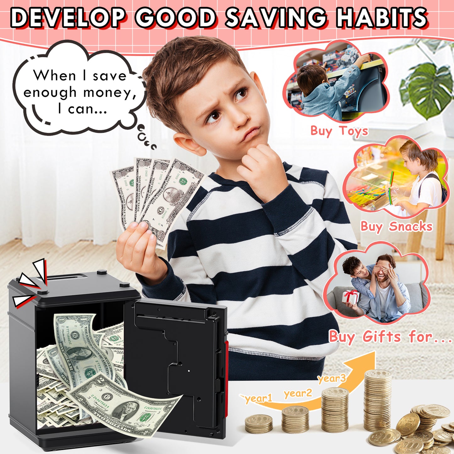 Piggy Banks for Kids, Money Bank with Fingerprint Recognition, Electronic Password Cash Coin Can ATM Bank with Auto Grab Bill Slot, Money Coin Saving Box for Kids, Perfect Gifts for Boys Girls