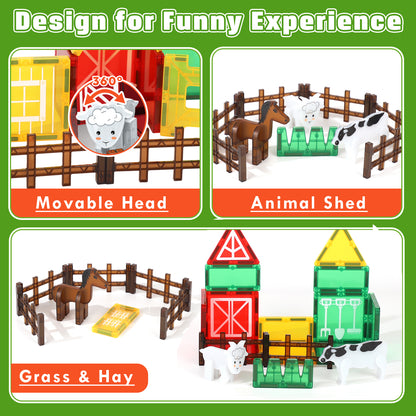 Magnetic Tiles, Farm Animals Theme 46 PCS Magnetic Blocks, Montessori Learning Toys for 3 to 4 Year, Magnetic Construction Toys for Toddlers 3-6 Years Old, Educational Toys for Boys Girls