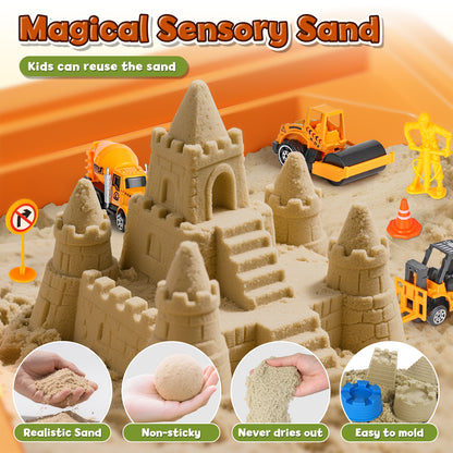 Sand Table for Kids, Sensory Table with Sand, Sensory Bin with Lid & 2.6lbs Play Sand, 6 Construction Vehicles & Sand Toys, Sensory Toys Gifts for Toddler Boys Girls