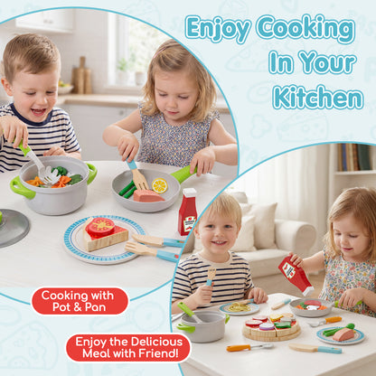 Play Food, Wooden Play Food Set for Kids, Play Kitchen, Kids Cutting Pretend Play Pizza Fake Food Toys for 3 4 5 6 7 Years, Girls Boys Toddlers Educational Toys