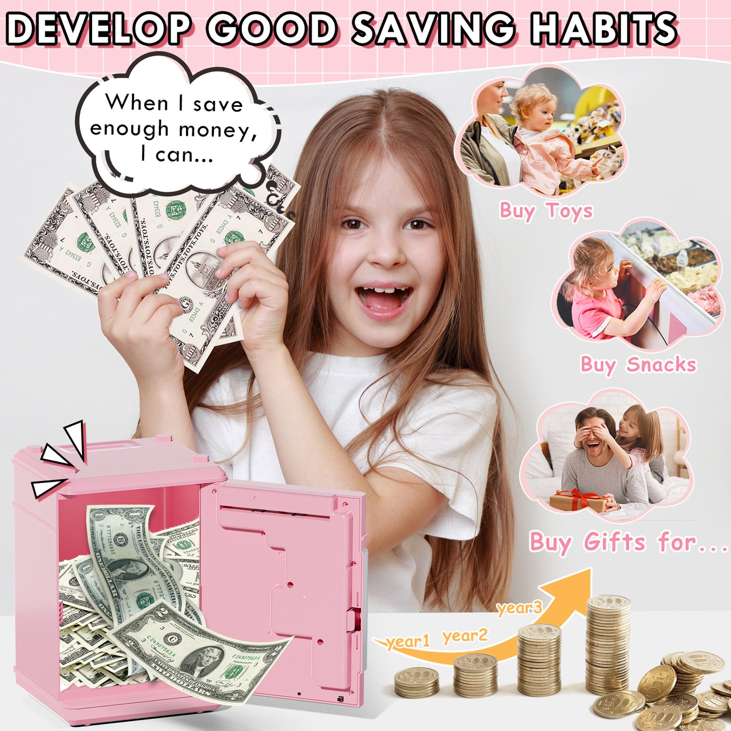 Piggy Banks for Kids, Money Bank with Fingerprint Recognition, Electronic Password Cash Coin Can ATM Bank with Auto Grab Bill Slot, Money Coin Saving Box for Kids, Perfect Gifts for Boys Girls, Pink