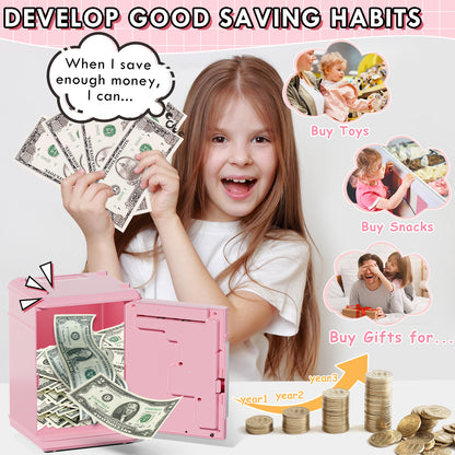Piggy Banks for Kids, Money Bank with Fingerprint Recognition, Electronic Password Cash Coin Can ATM Bank with Auto Grab Bill Slot, Money Coin Saving Box for Kids, Perfect Gifts for Boys Girls, Pink