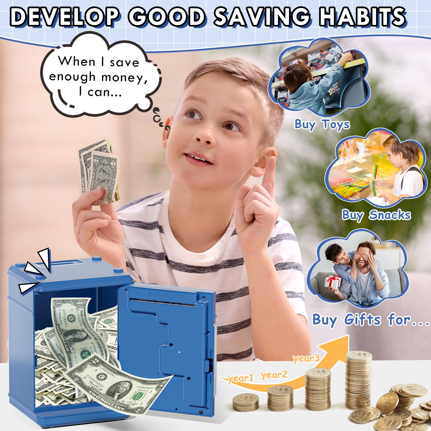 Piggy Banks for Kids, Money Bank with Fingerprint Recognition, Electronic Password Cash Coin Can ATM Bank with Auto Grab Bill Slot, Money Coin Saving Box for Kids, Perfect Gifts for Boys Girls, Blue