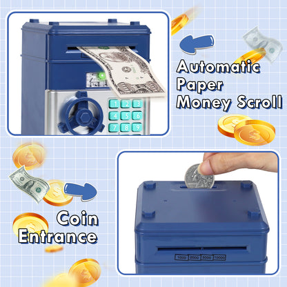 Piggy Banks for Kids, Money Bank, Piggy Bank for Boys Girls, Electronic Password Cash Coin Can ATM Bank with Auto Grab Bill Slot, Money Coin Saving Box for Kids, Perfect Gifts for Boys Girls