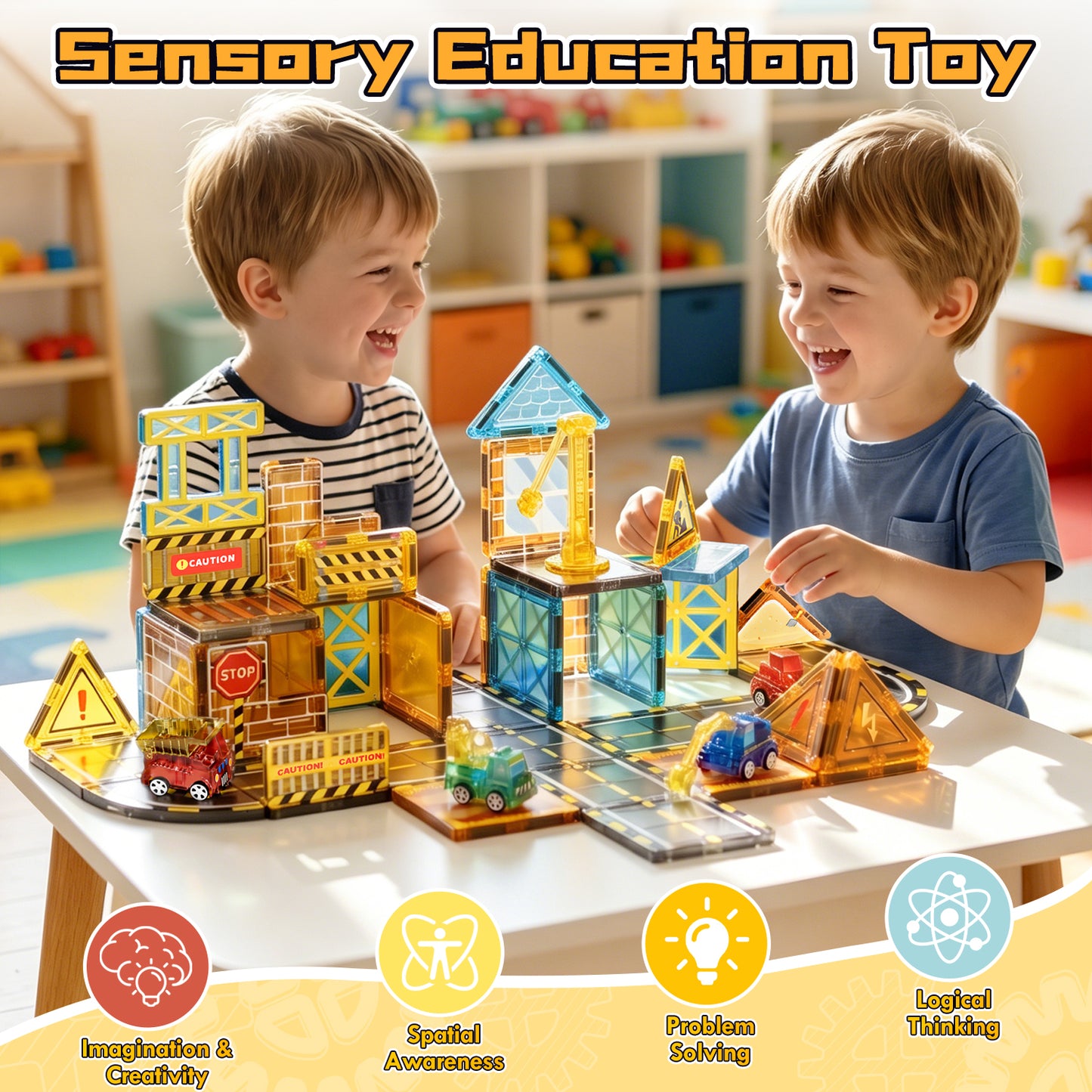 Magnetic Tiles, Construction Theme 50 PCS Magnetic Blocks, Montessori Learning Toys for 3 to 4 Year, Magnetic Construction Toys for Toddlers 3-6 Years Old, Educational Toys for Boys Girls