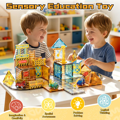 Magnetic Tiles, Construction Theme 50 PCS Magnetic Blocks, Montessori Learning Toys for 3 to 4 Year, Magnetic Construction Toys for Toddlers 3-6 Years Old, Educational Toys for Boys Girls