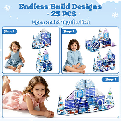 Magnetic Tiles, Snow & Ice Theme 25 PCS Magnetic Blocks, Montessori Learning Toys for 3 to 4 Year, Magnetic Construction Toys for Toddlers 3-6 Years Old, Educational Toys for Boys Girls