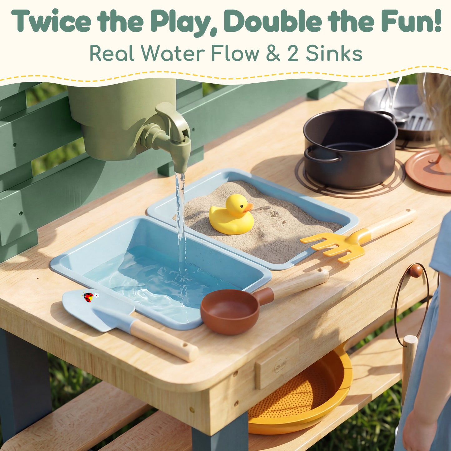Outdoor Mud Kitchen for Kids, Wooden Play Kitchen with Real Water Play, Cooking Pots, Gardening Tools, Weather-Resistant Design, Storage & Planting Area, Sensory Toy Kitchen for Pretend Play Age 3+