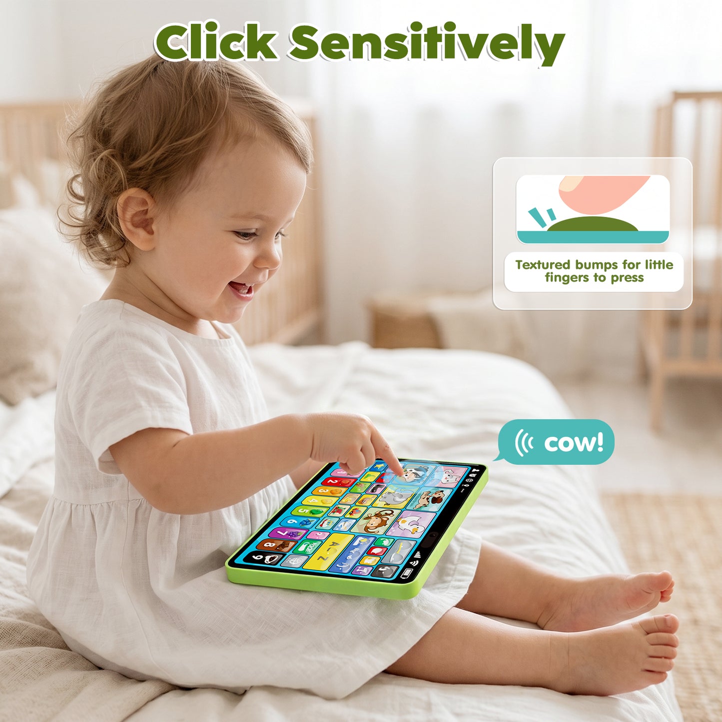 Learning Toys Tablet for Toddlers 1-3, Montessori Toys with Music & Sound, 3 Language Educational Toys, Speech Musical Toys, Early Development Gift for Boys Girls 1 2 3 Years Old (Green)
