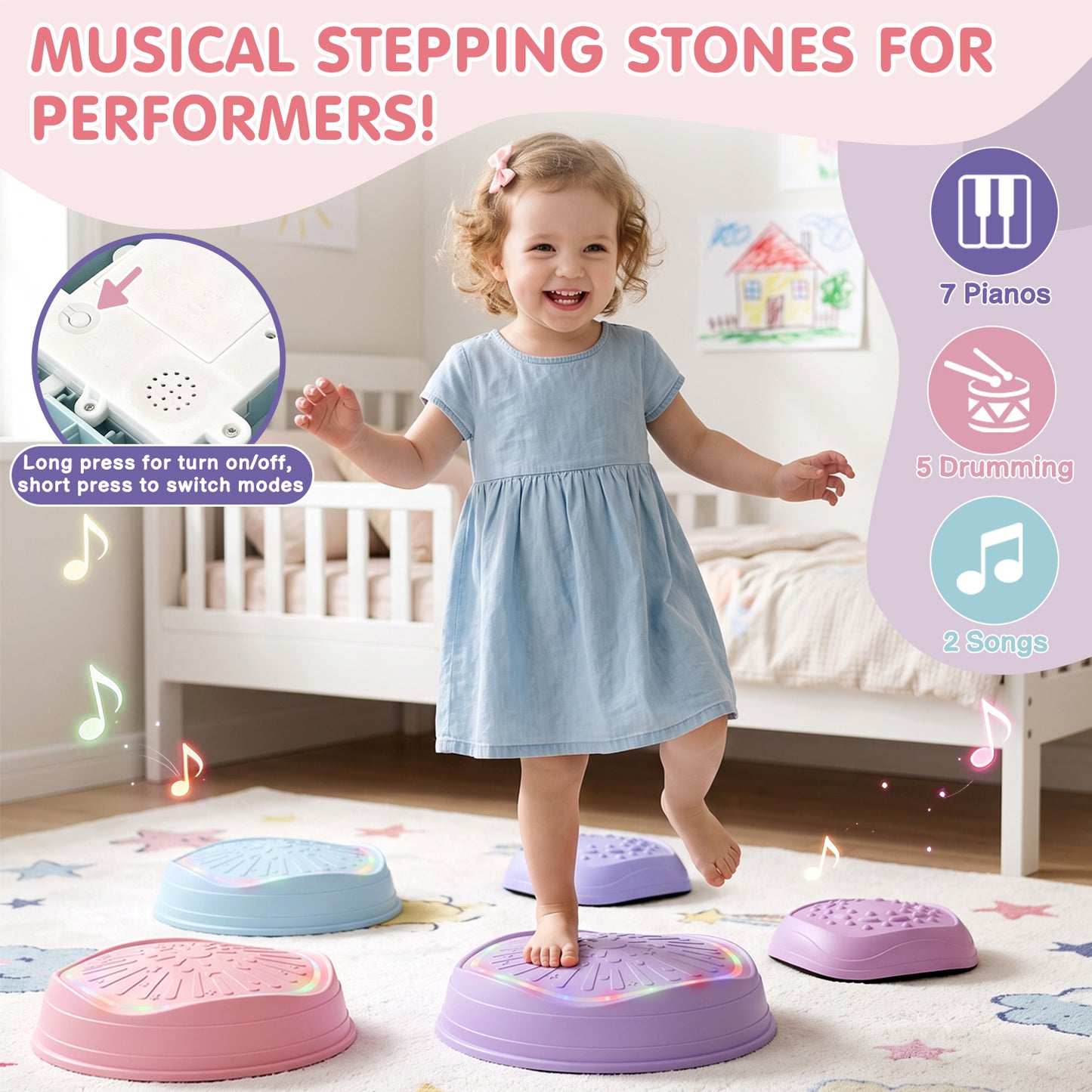 Stepping Stones for Kids, Upgraded Toddler Stepping Stones with Lights & Sounds, 5 Pcs Non-Slip Balance Stepping Stones, Up to 220 lbs, Coordination Skills Sensory Toys for Ages 2 3 4 5 6+ Girls