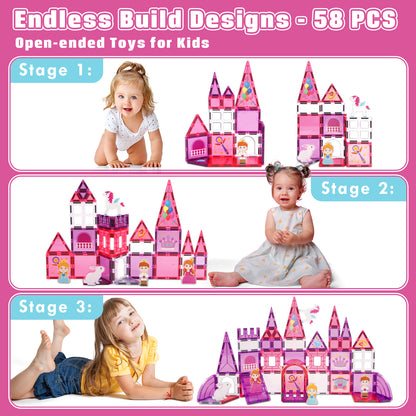 Magnetic Tiles, Princess Theme 58 PCS Magnetic Blocks, Montessori Learning Toys for 3 to 4 Year, Magnetic Construction Toys for Toddlers 3-6 Years Old, Educational Toys for Boys Girls