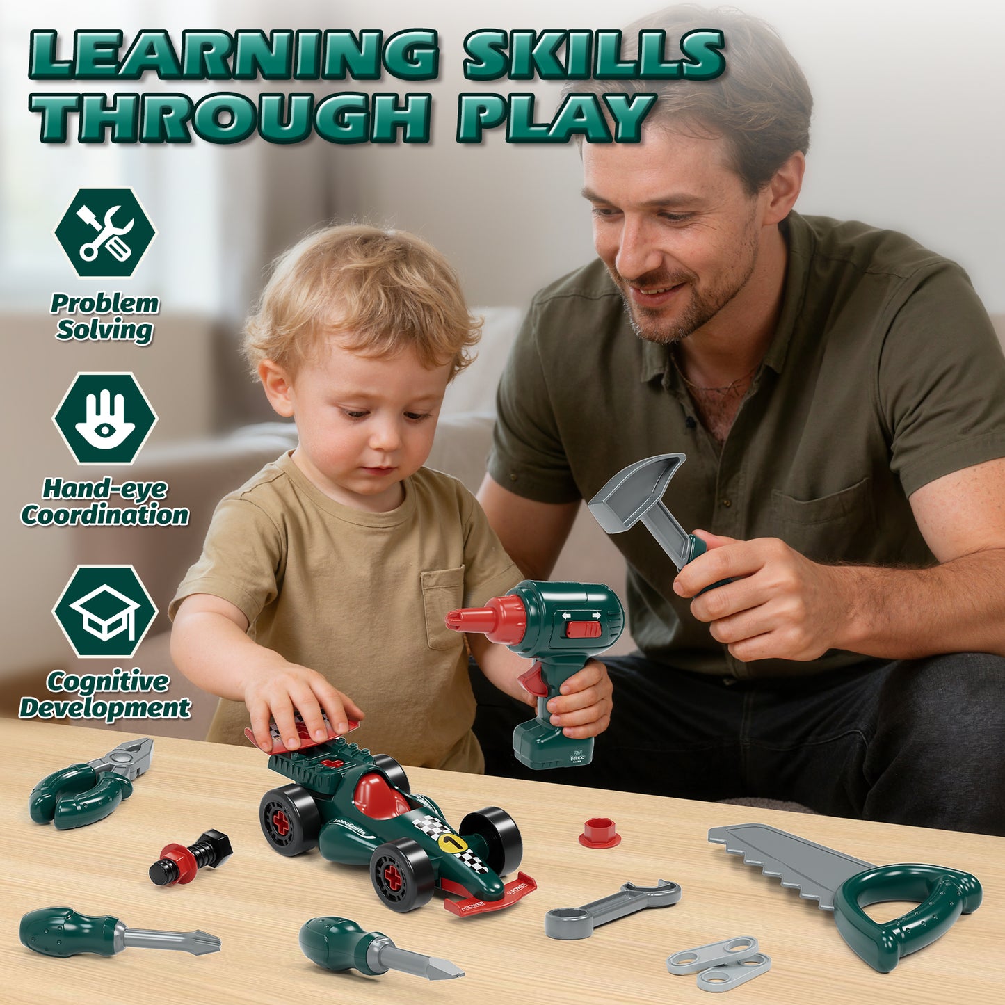 Toys for 2 Year Old Boys, Kids Tool Set, Toolbox Set for Kids, Includes Realistic Tools & Electric Drill & Take Apart Toy Racing Cars, Educational Learning Toys for Boys Age 2 3 4 5 Birthday Gifts