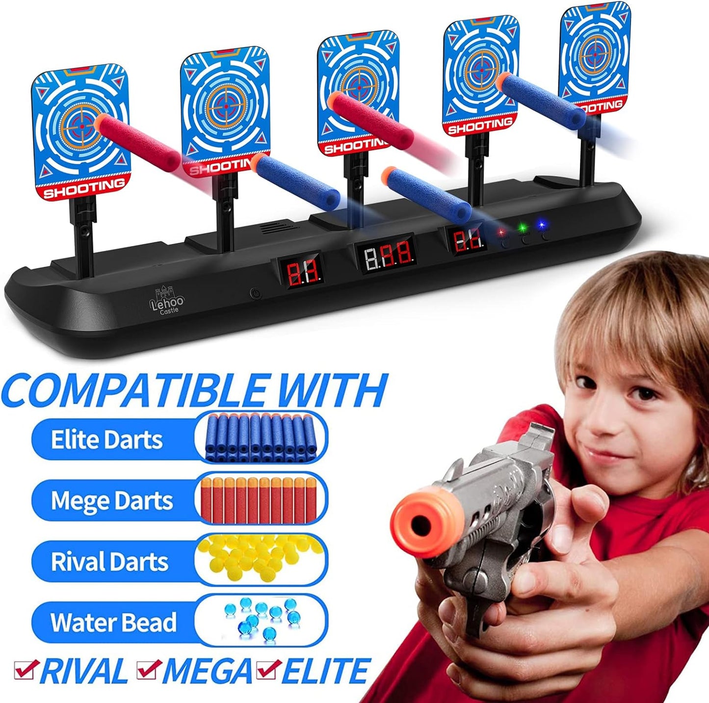 Kids Shooting Targets for Nerf with Auto-Reset, 5 Electronic Digital Scoring Target with Scenes