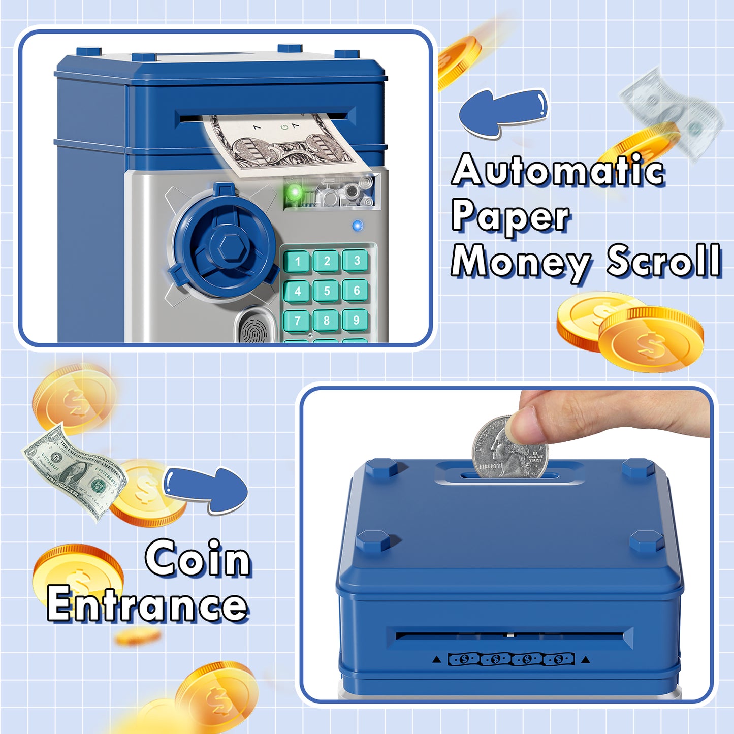 Piggy Banks for Kids, Money Bank with Fingerprint Recognition, Electronic Password Cash Coin Can ATM Bank with Auto Grab Bill Slot, Money Coin Saving Box for Kids, Perfect Gifts for Boys Girls, Blue