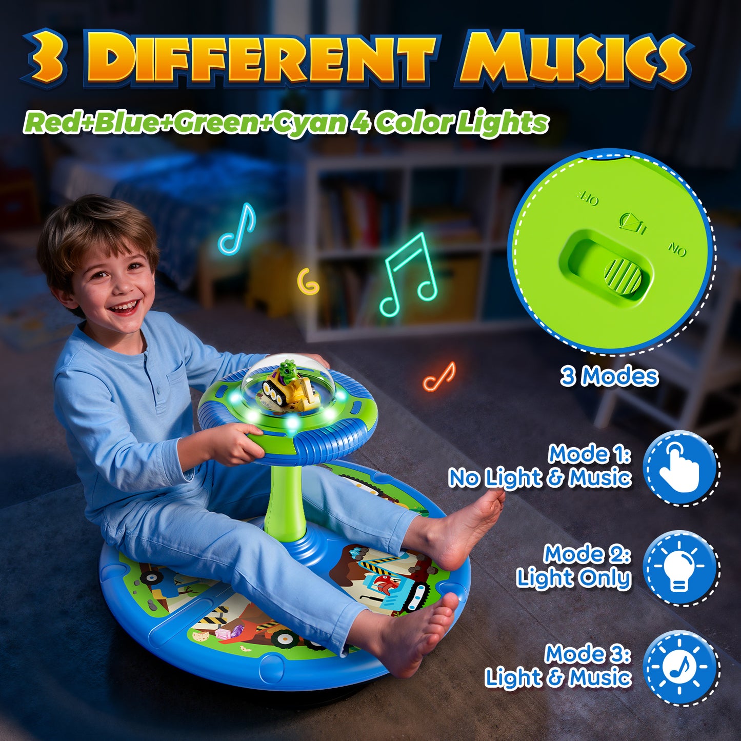 Sit and Spin Toys for Toddlers, 360° Dinosaur Toddler Spinning Seat with LED Lights & Music, Sensory Spinning Chair, Sensory Toys for Ages 2-4 and Up, Best Birthday Christmas Gifts