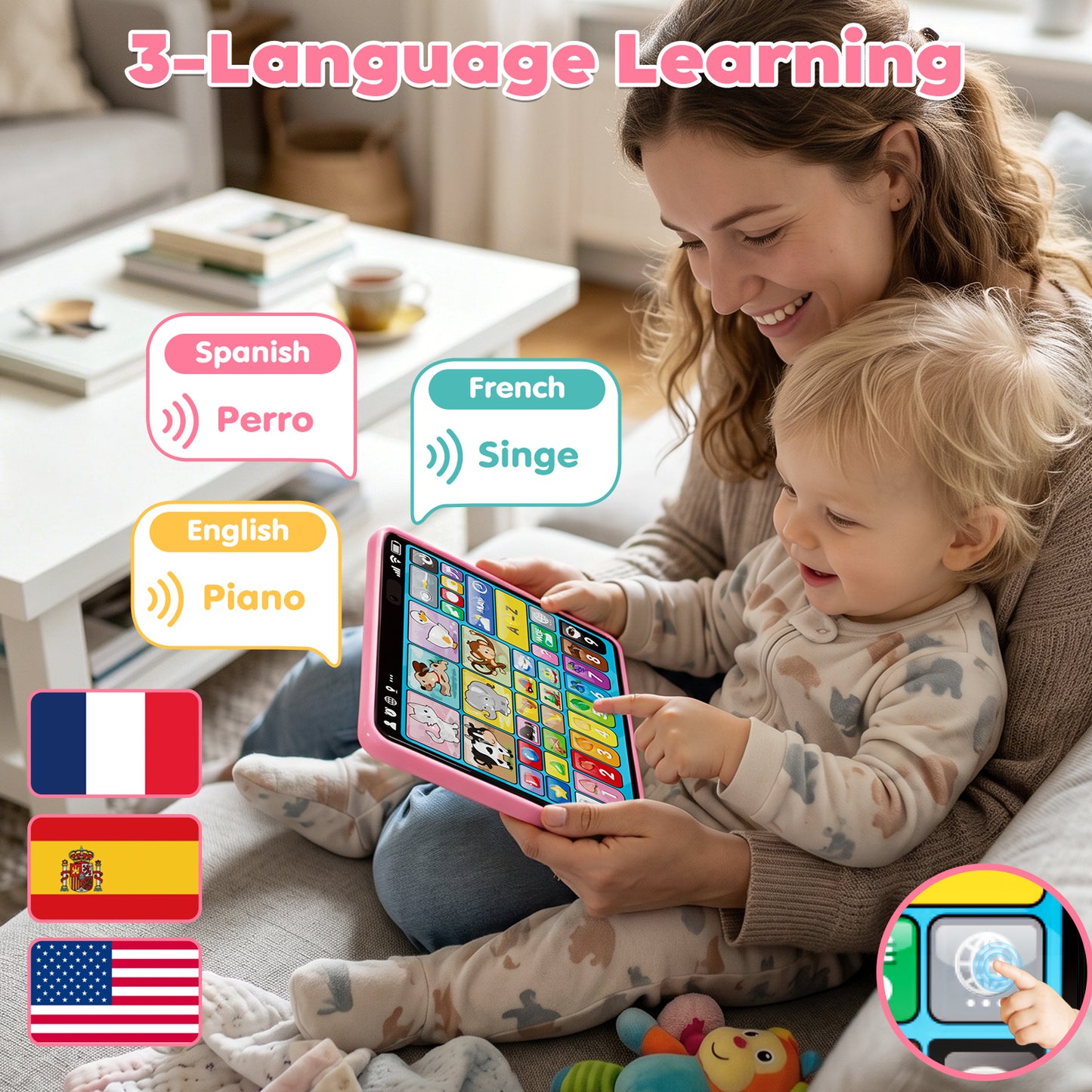 Learning Toys Tablet for Toddlers 1-3, Montessori Toys with Music & Sound, 3 Language Educational Toys, Speech Musical Toys, Early Development Gift for Boys Girls 1 2 3 Years Old (Pink)