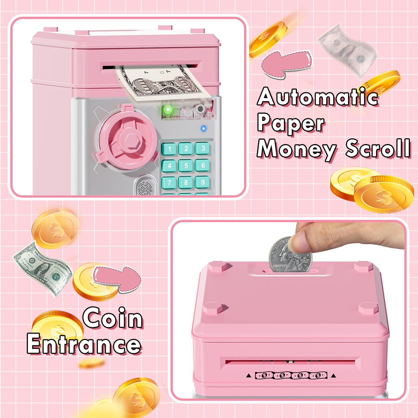 Piggy Banks for Kids, Money Bank with Fingerprint Recognition, Electronic Password Cash Coin Can ATM Bank with Auto Grab Bill Slot, Money Coin Saving Box for Kids, Perfect Gifts for Boys Girls, Pink