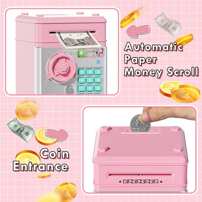 Piggy Banks for Kids, Money Bank with Fingerprint Recognition, Electronic Password Cash Coin Can ATM Bank with Auto Grab Bill Slot, Money Coin Saving Box for Kids, Perfect Gifts for Boys Girls, Pink