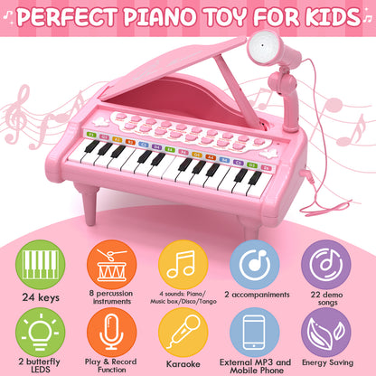 Piano for Kids, Toddler Toys for Girls, 24 Keys Kids Piano Toy, Musical Toys for 1 Year Old, Kids Keyboard with Microphone, Preschool Learning Toys, Musical Instruments for 1 2 3 Year Old Best Gift