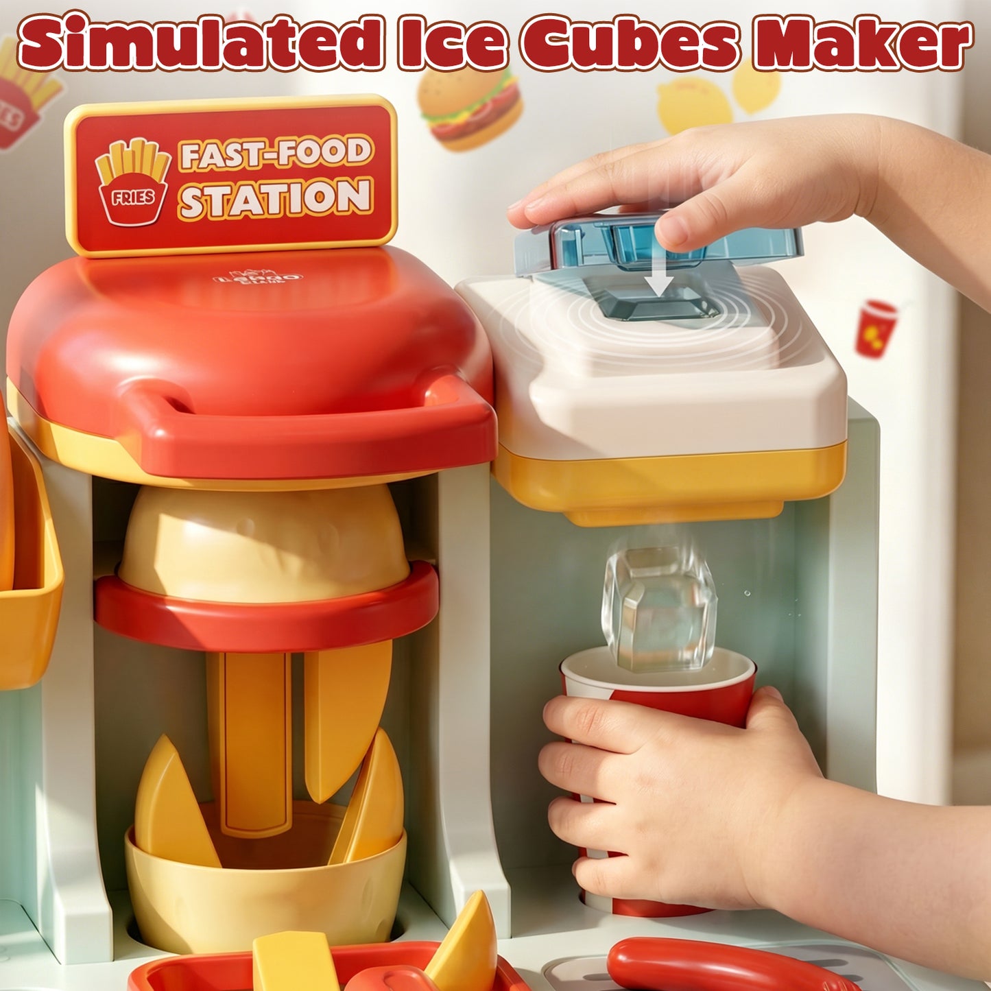 Restaurant Play Food Set Toy, Pretend Play, Fast Food Hamburger Store Play Set with Potato Cutter, Drink Station, Menu, Cash, Preschool Interactive Role Play Toy Gift for Boys Girls 2-5 Years Old